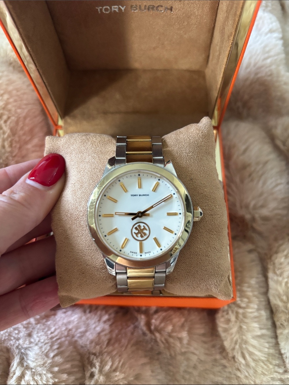 Tory Burch Two-Tone Gold and Silver Stainless Steel Watch with White Dial
